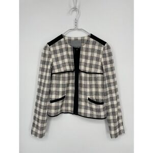 Classic Entier Blazer Jacket Womens XS Plaid Black Ivory Zip Up Linen Blend